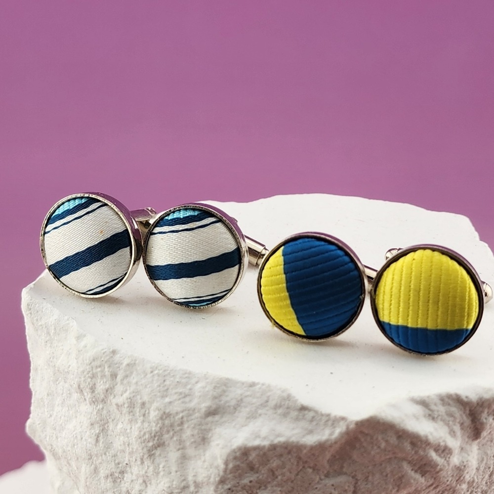 2 Pairs Round Fabric Cufflinks Blue White Yellow Geometric Silver Tone Men's